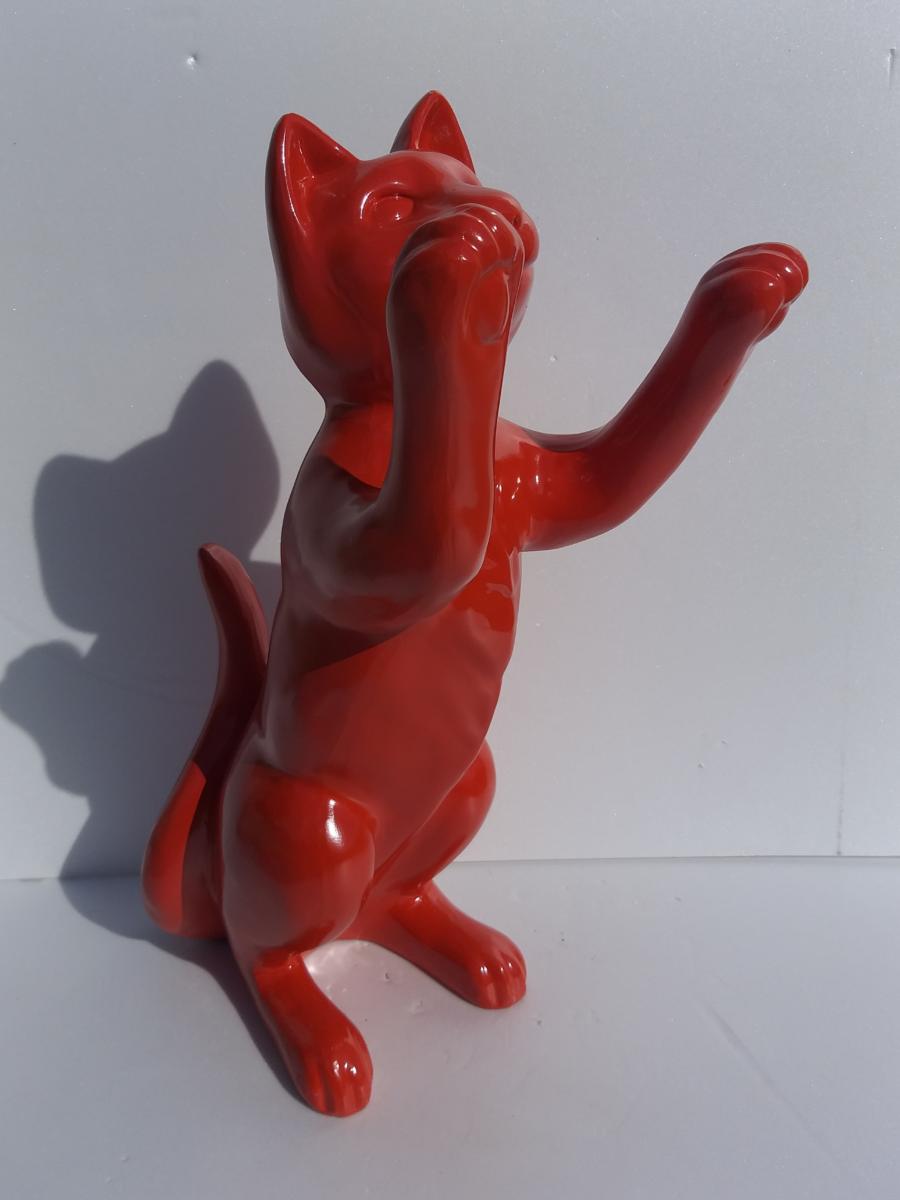 Statue Chat debout rouge - Mobilier Jardin Deco
